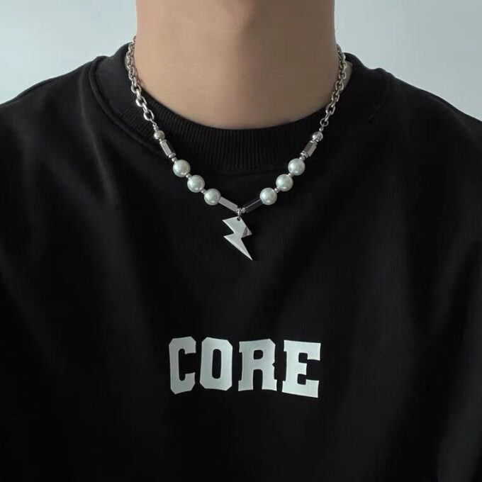 Pearl Stitching Lightning Pendant Necklace - Image 2