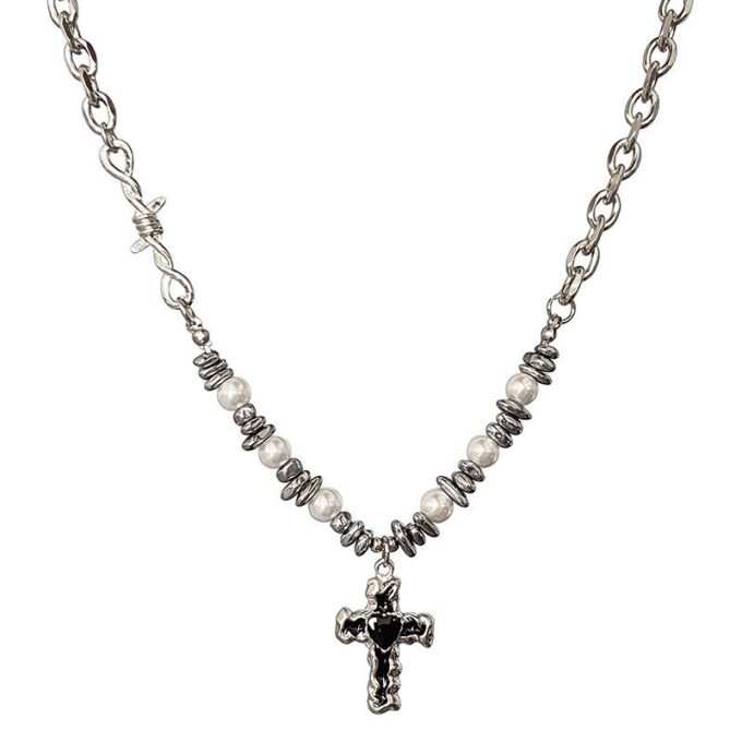 Pearl Black Gallstone Stitching Cross Necklace - Image 5