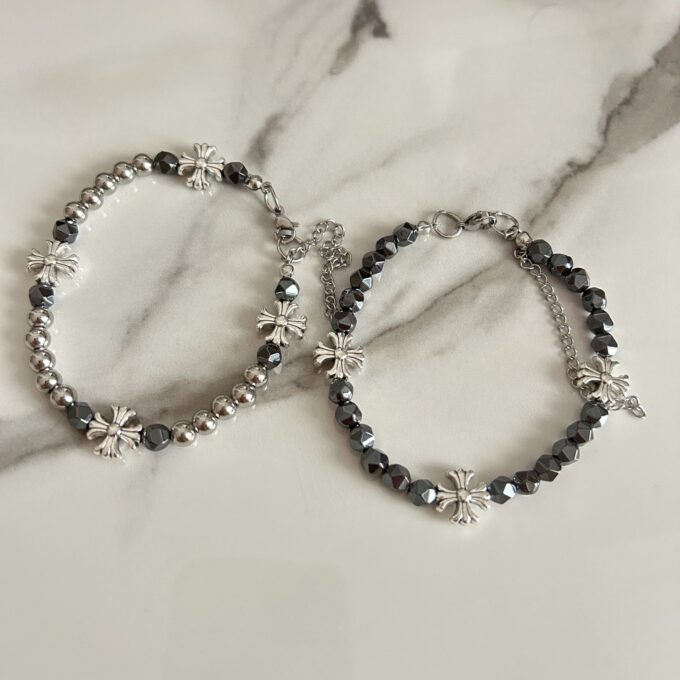 Black Gallstone Cross Flower Beaded Bracelet - Image 8