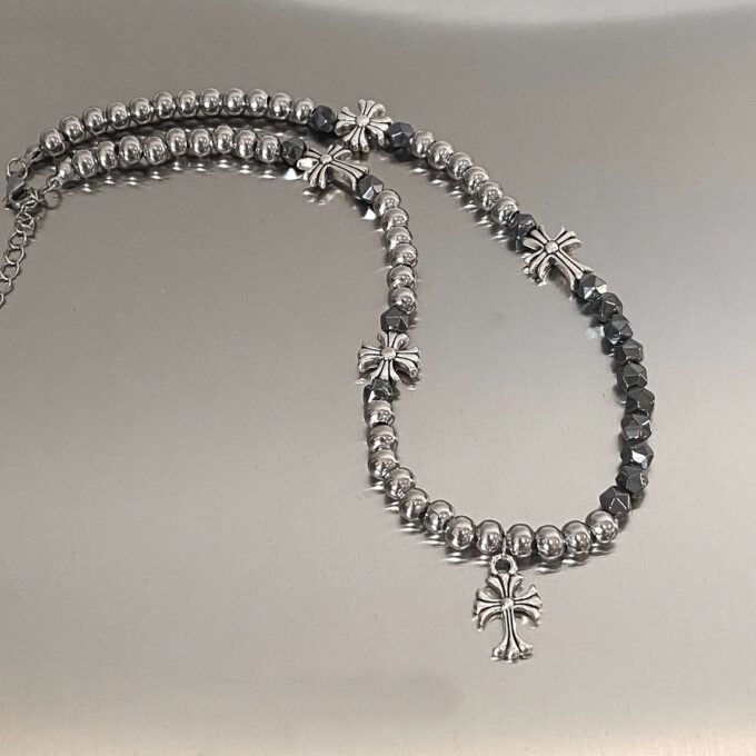 Beaded Cross Black Gallstone Stitched Necklace - Image 3