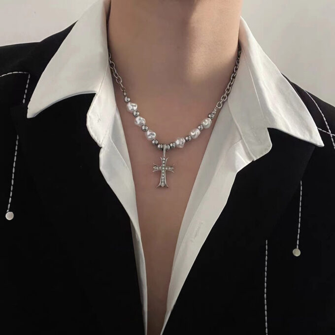 Pearl Cross Heart Pendant Necklace