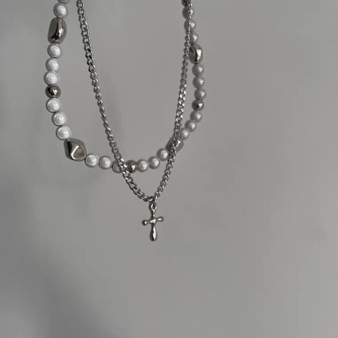 Reflective Pearl Cross Pendant Couple Necklace - Image 4