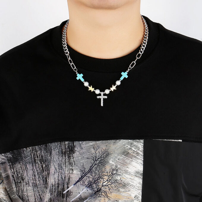 Vintage Turquoise Beads Cross Pendant Necklace & Bracelet - Image 3