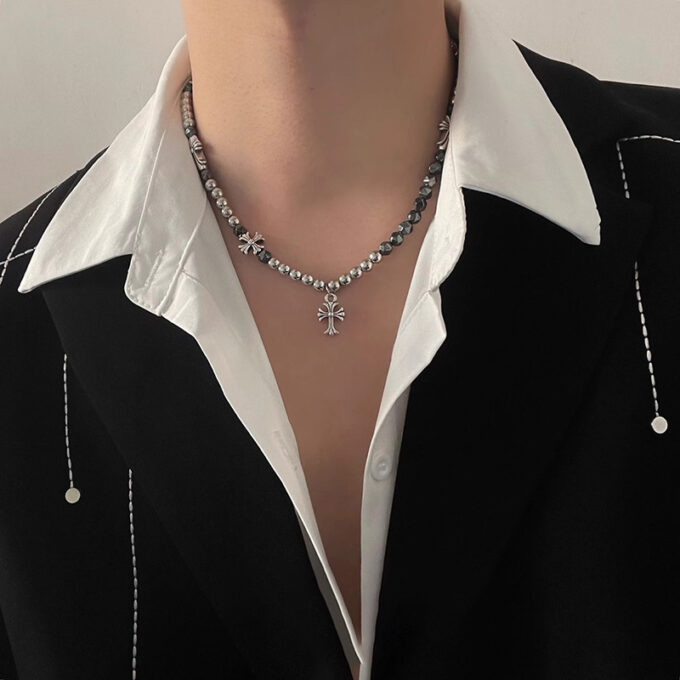 Beaded Cross Black Gallstone Stitched Necklace - Image 2