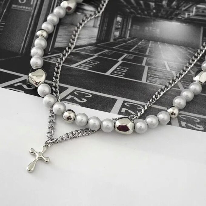 Double Layered Pearl Cross Pendant Necklace & Bracelet - Image 4