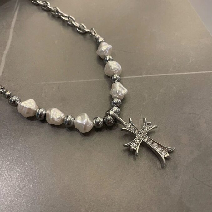 Pearl Cross Heart Pendant Necklace - Image 3