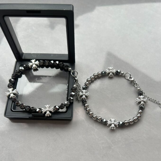 Black Gallstone Cross Flower Beaded Bracelet - Image 6