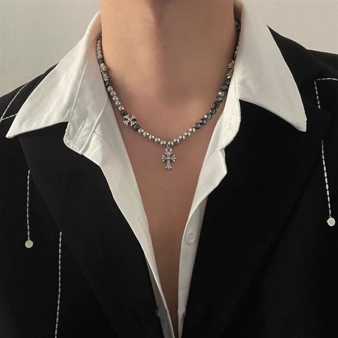 Beaded Cross Black Gallstone Stitched Necklace