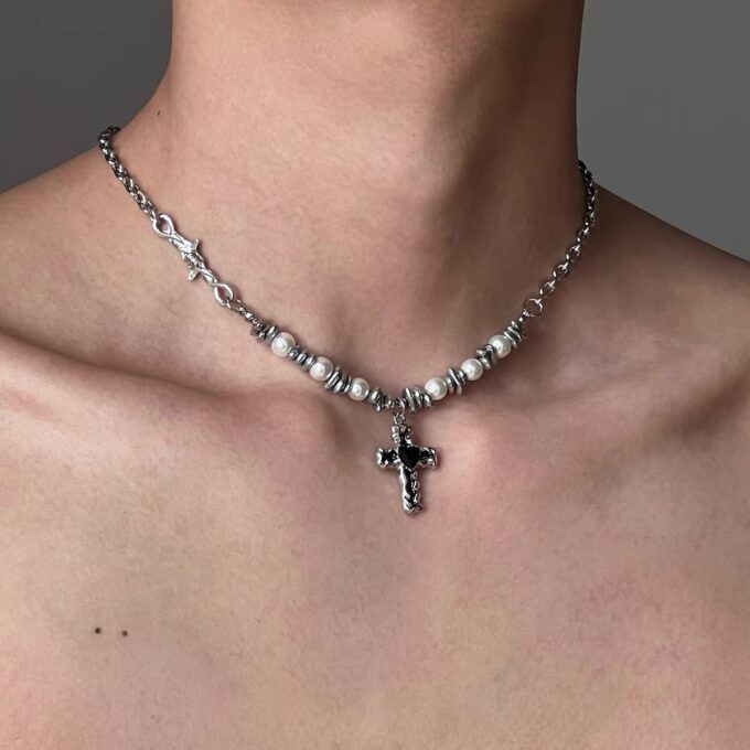 Pearl Black Gallstone Stitching Cross Necklace - Image 3