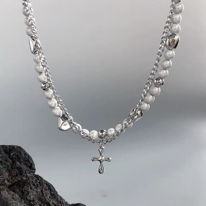 Double Layered Pearl Cross Pendant Necklace & Bracelet