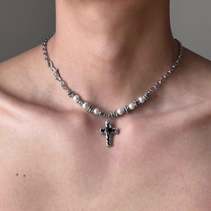 Pearl Black Gallstone Stitching Cross Necklace - Image 2