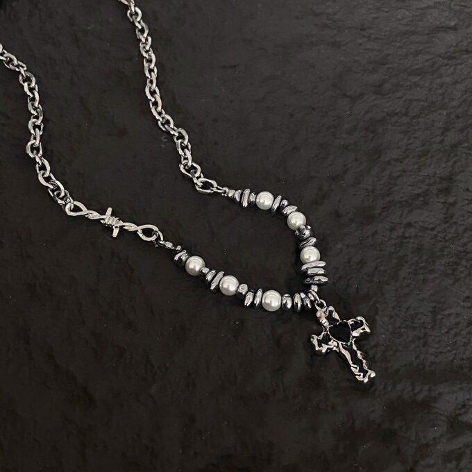 Pearl Black Gallstone Stitching Cross Necklace - Image 4