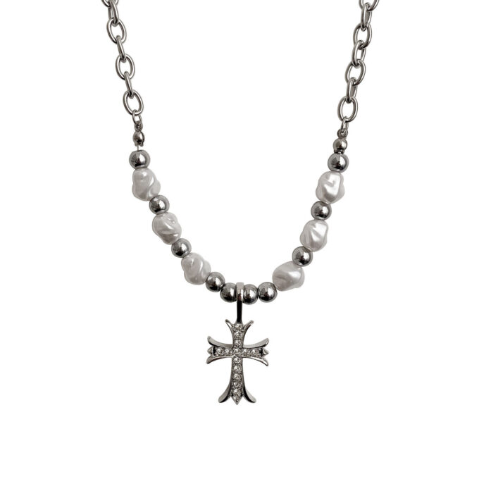 Pearl Cross Heart Pendant Necklace - Image 4