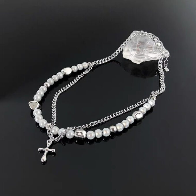 Double Layered Pearl Cross Pendant Necklace & Bracelet - Image 3