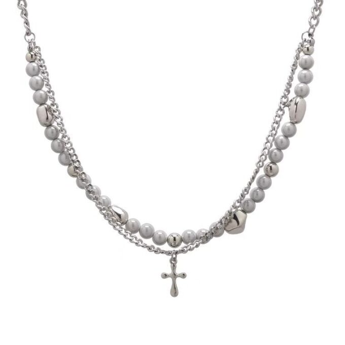Reflective Pearl Cross Pendant Couple Necklace - Image 5