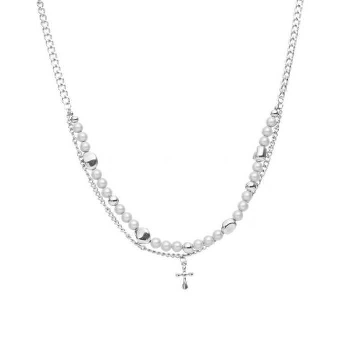 Double Layered Pearl Cross Pendant Necklace & Bracelet - Image 5