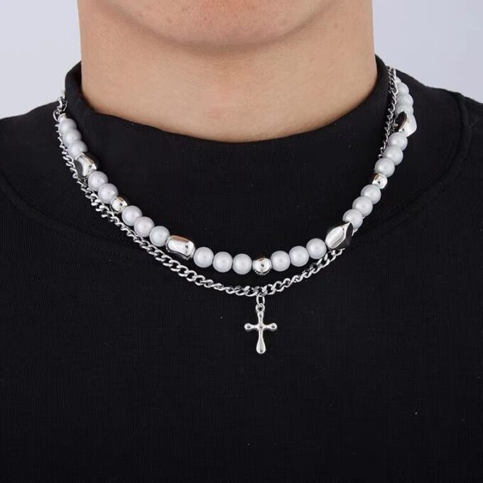 Double Layered Pearl Cross Pendant Necklace & Bracelet - Image 2