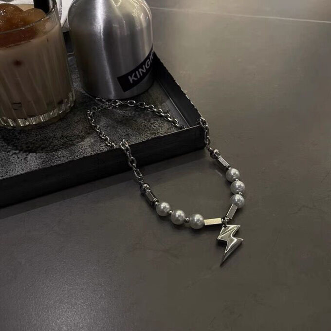 Pearl Stitching Lightning Pendant Necklace - Image 4
