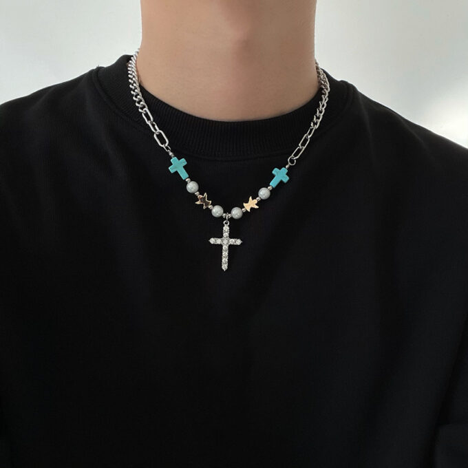Vintage Turquoise Beads Cross Pendant Necklace & Bracelet