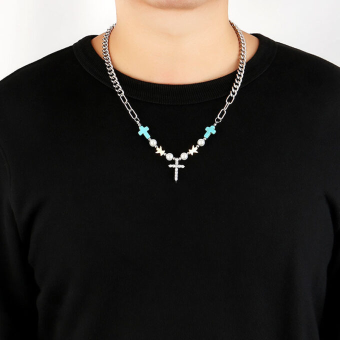 Vintage Turquoise Beads Cross Pendant Necklace & Bracelet - Image 2