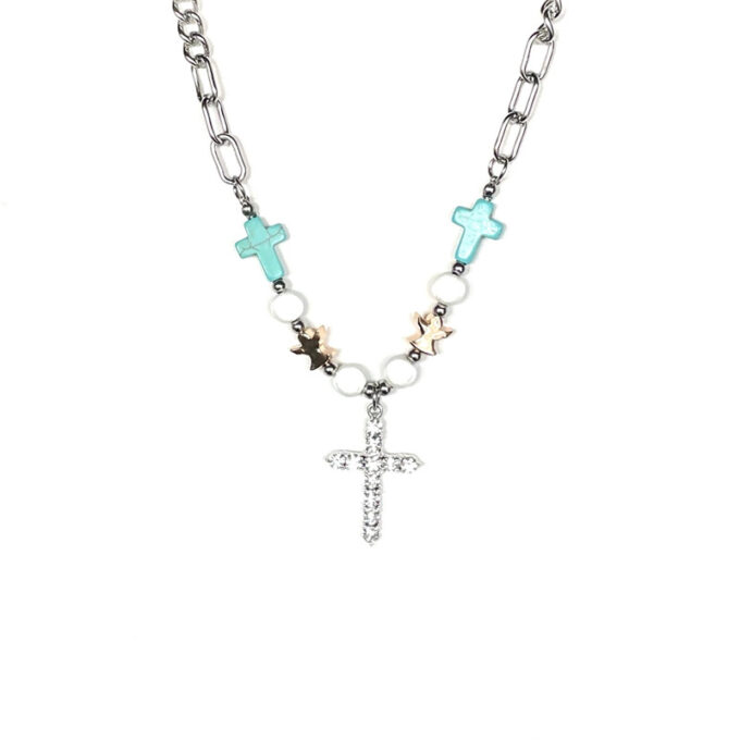 Vintage Turquoise Beads Cross Pendant Necklace & Bracelet - Image 5