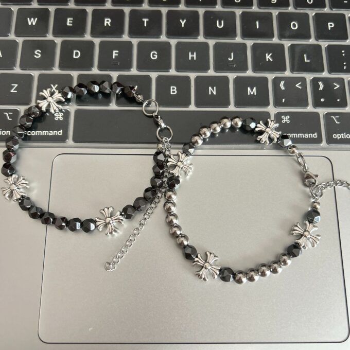 Black Gallstone Cross Flower Beaded Bracelet - Image 2