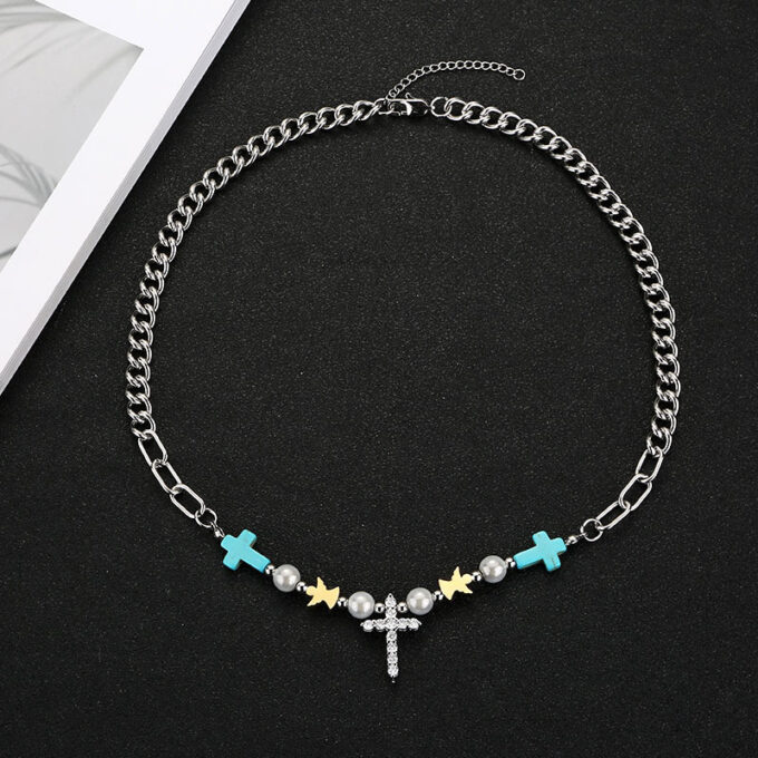 Vintage Turquoise Beads Cross Pendant Necklace & Bracelet - Image 4