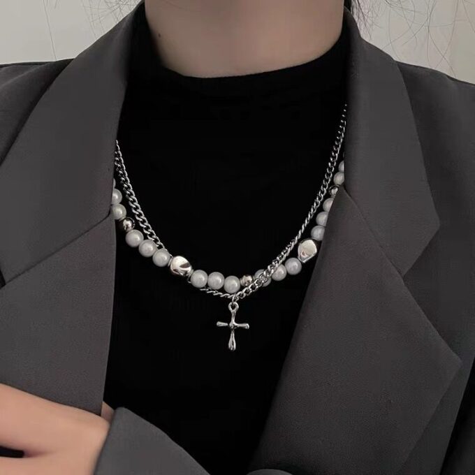Reflective Pearl Cross Pendant Couple Necklace